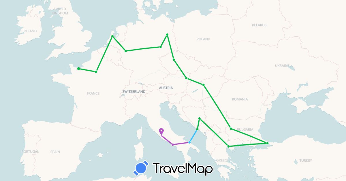 TravelMap itinerary: driving, bus, train, boat in Austria, Bosnia and Herzegovina, Bulgaria, Czech Republic, Germany, France, Greece, Croatia, Hungary, Italy, Netherlands, Turkey (Asia, Europe)